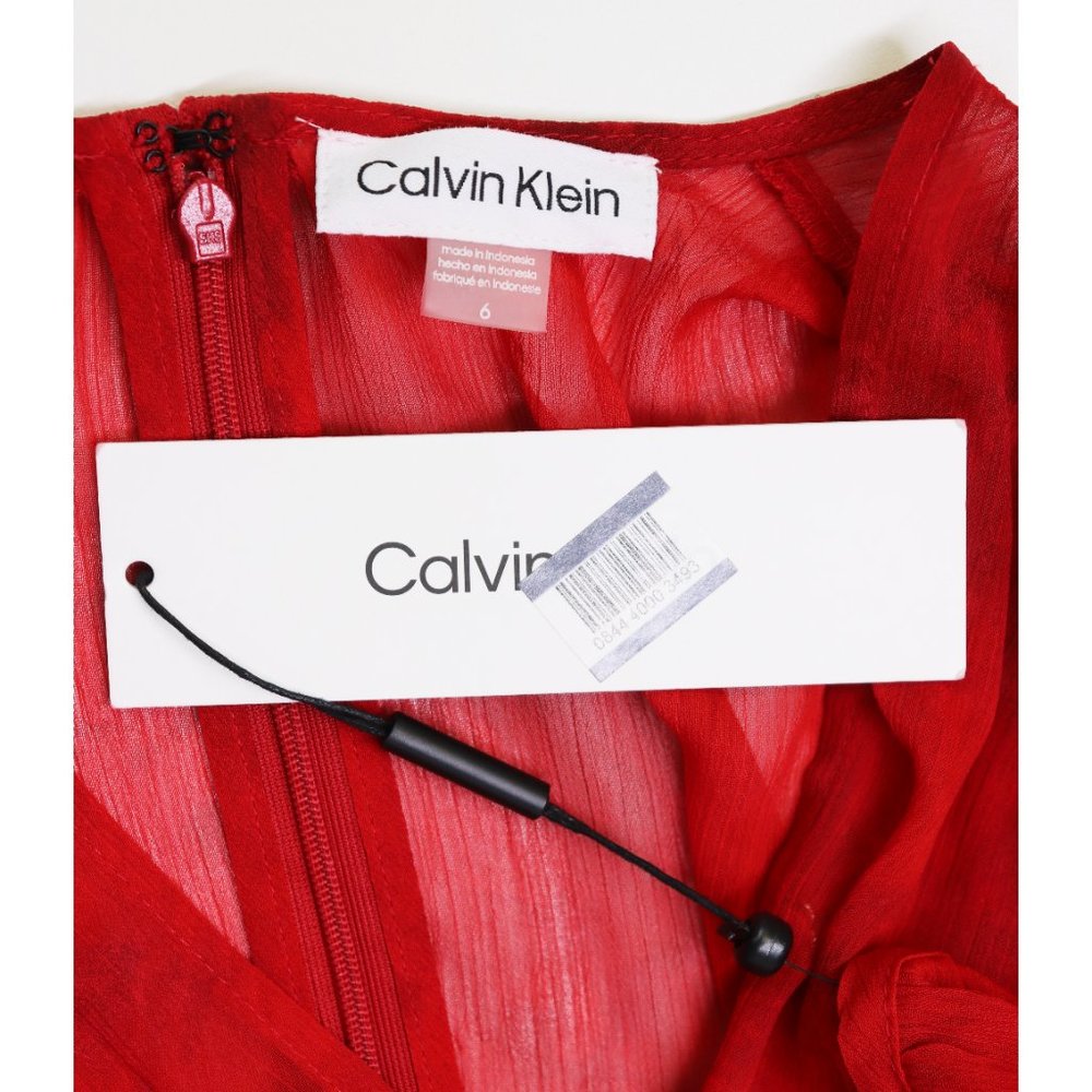 NWT Calvin Klein Chiffon Tie Waist Maxi Dress Surplice V-Neck Long Sleeve Red 6 - Picture 3 of 8
